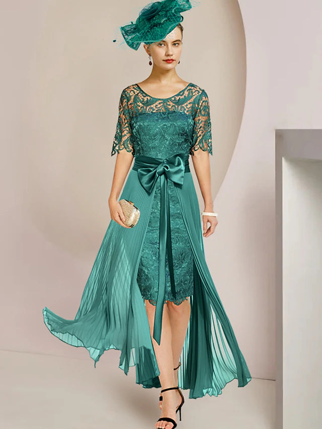 Luolandi Two Piece Sheath / Column Mother of the Bride Dress Formal Wedding Guest Elegant detachable Scoop Neck Knee Length Chiffon Lace Sleeveless with Bow(s)